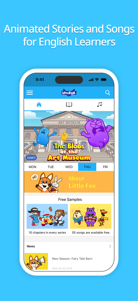 Little Fox English - The home screen of Little Fox English app displaying animated stories and songs for young learners.
