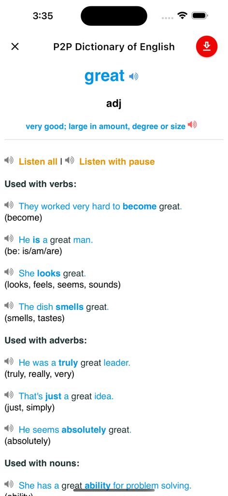 English Speaking: SpeakFluent - SpeakFluentアプリの辞書インターフェース。単語「great」の定義と使用例が表示されています。