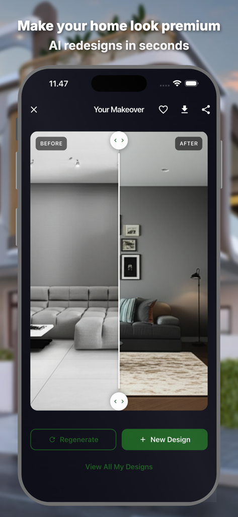 AI Home Decor : Room Makeover - A mobile app screen showing a before and after interior design comparison for a living room makeover using AI.