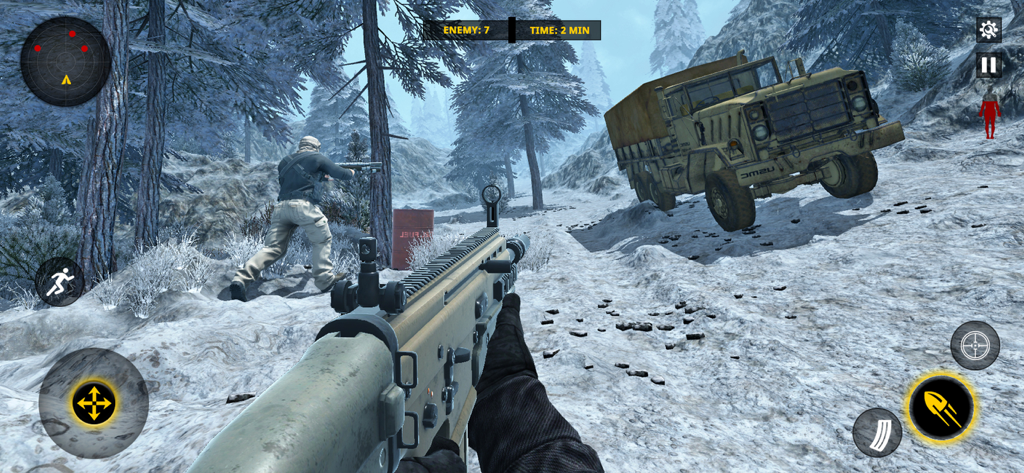 First person shooter perspective showing a rifle in a snowy military mission environment