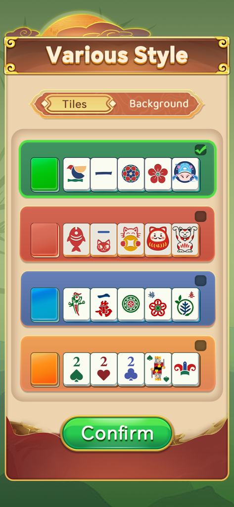 Otium Mahjong: Wafū Tile Match - Una pantalla de personalización en Otium Mahjong que muestra diferentes conjuntos de fichas artísticas, incluyendo temas japoneses tradicionales y de gatos