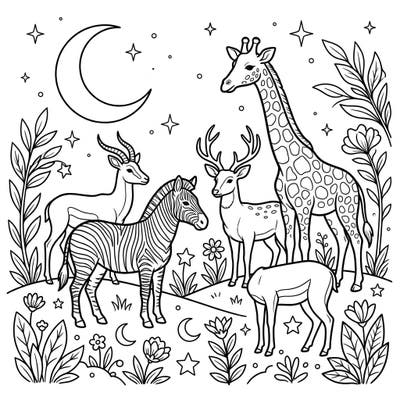Embark on a creative journey with this captivating coloring page featuring a peaceful gathering of hoofed animals under the spell of the night sky. From graceful deer to striped zebras, bring this serene nocturnal scene to life with your favorite colors.