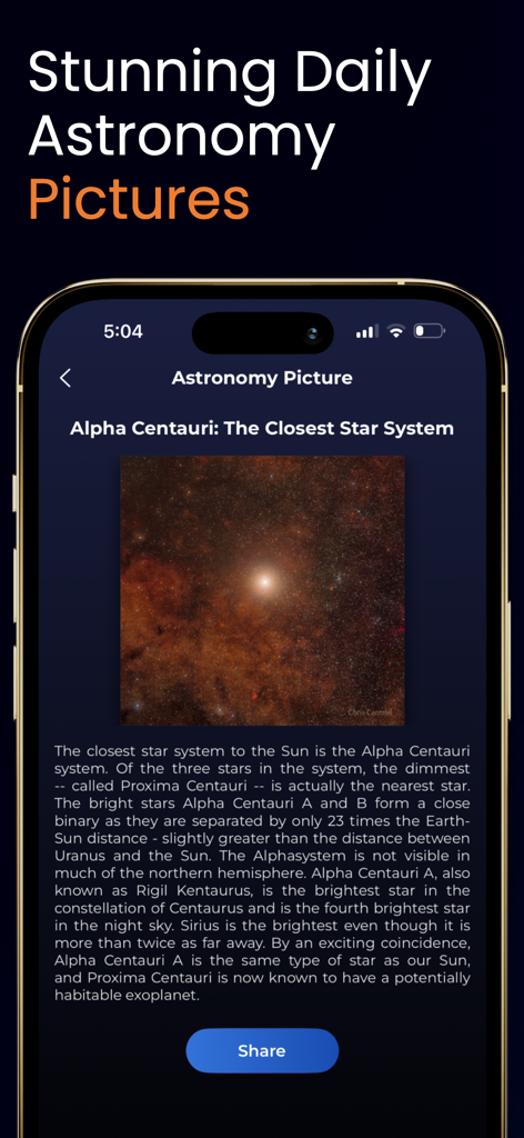 Space Explorer:Astronomy Guide - Space Explorer app displaying a daily astronomy picture of the Alpha Centauri star system with educational text