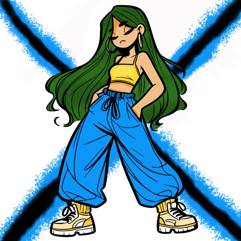 girl in baggy pants crop top and long hair