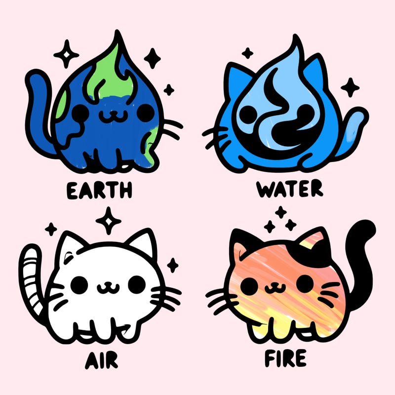 4 cats that represent the different elements, earth, water, air, and fire