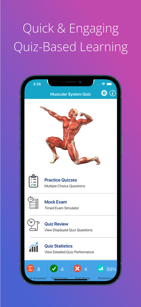 Home screen of Muscular System Quizzes app showing different study modes and user performance stats