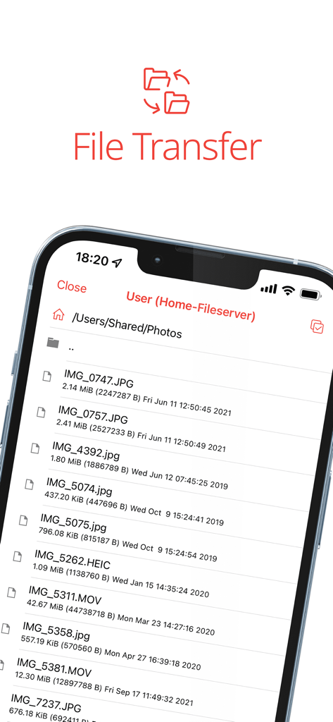 Interface do aplicativo móvel AnyDesk para transferência remota de arquivos em um iPhone
