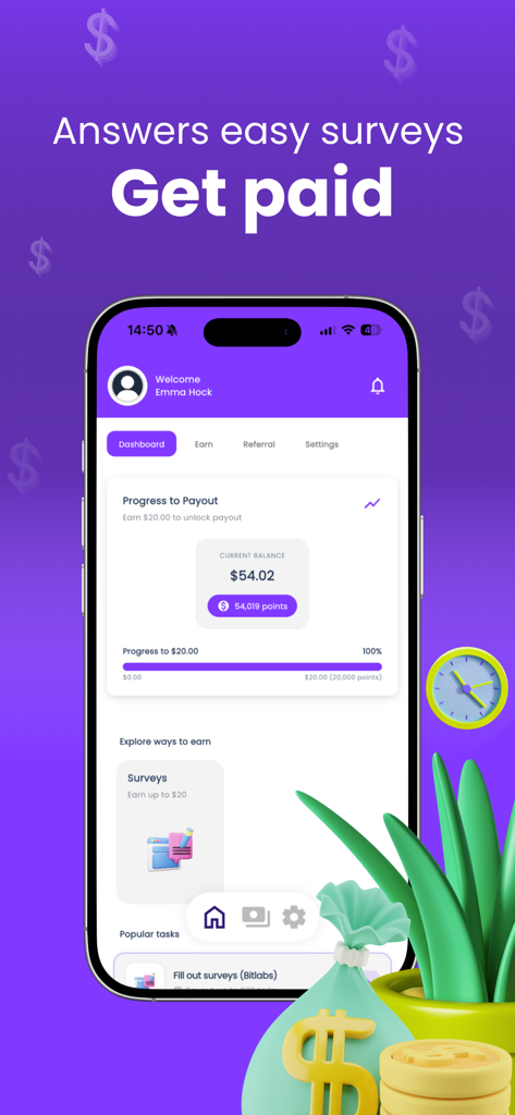 Earnne app interface showing survey rewards and current balance