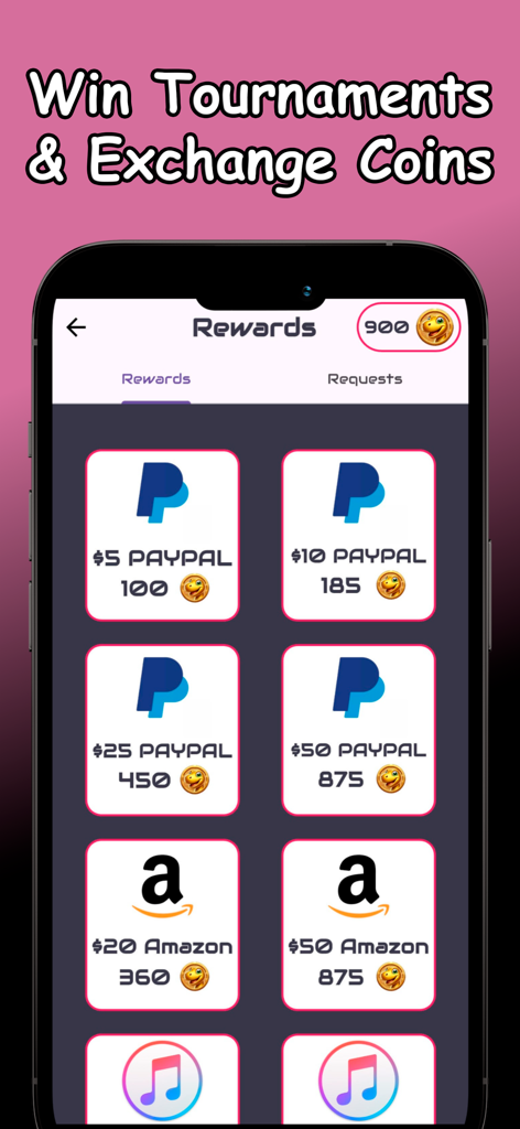 A mobile app screen showing options to exchange game coins for PayPal and Amazon gift cards.
