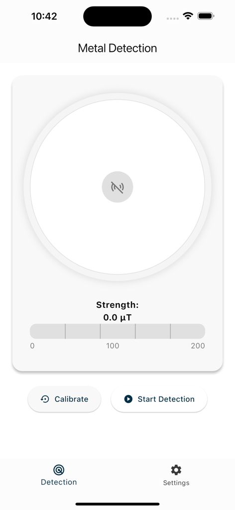 Find Metal app screen showing the detection interface with magnetic field strength meter and start button