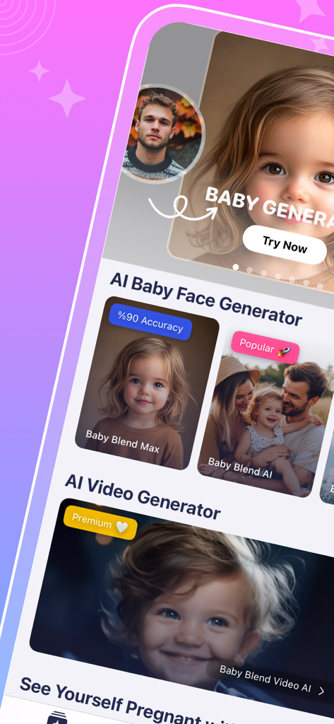 AI Face Generator - Baby Blend - AI顔ジェネレーター Baby Blendアプリのインターフェース。AIの赤ちゃんの顔とビデオジェネレーターの機能を紹介しています