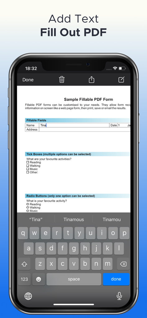 PDF Merge + Scan & Split Pages - Mobile app interface for filling out and adding text to a PDF form on an iPhone.