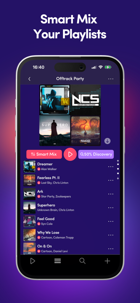 Offtrack: the real AI DJ app - Offtrack app interface showing a music playlist with the Smart Mix feature.