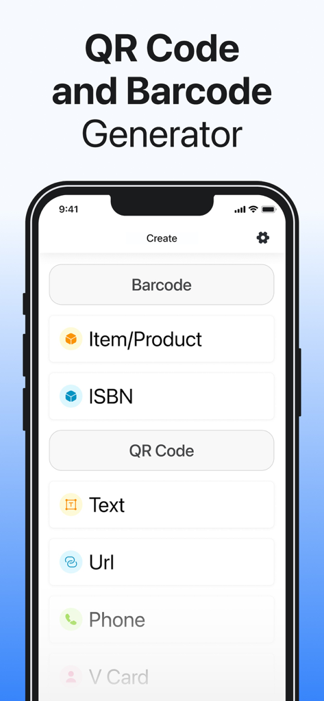Interfaz de la aplicación móvil que muestra opciones para crear códigos de barras personalizados para artículos y ISBN, así como códigos QR para texto, URL e información de contacto.