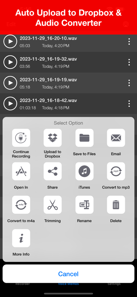 Voice Recorder Lite: Record HD - Interface of the Voice Recorder Lite app displaying a menu of sharing and editing options such as Dropbox upload, email, and audio conversion.