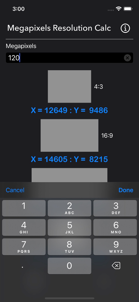 Megapixels Resolution Calc - Megapixels Resolution Calc app screen showing pixel dimensions for 120 megapixels across different aspect ratios.