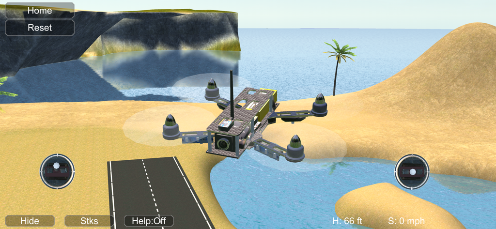Racing drone hovering over a tropical beach landscape in Absolute RC Heli Simulator