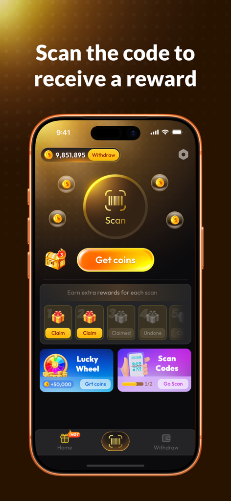 ScanGlow - Barcode Scanner - The home screen of the ScanGlow app showing scanning options and coin reward features for users