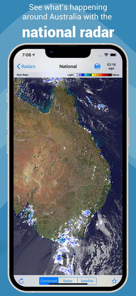 Rain Radar Australia - National weather radar and satellite map of Australia displayed on a mobile app interface
