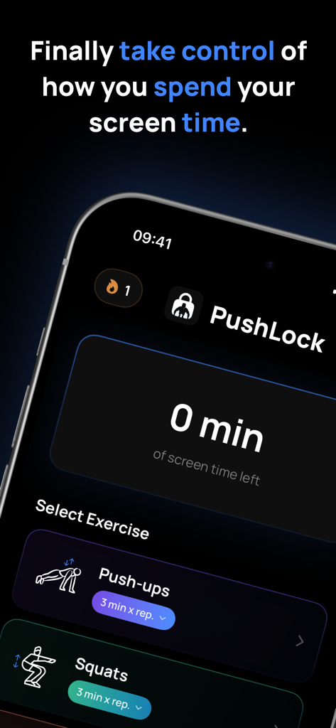 PushLock: Screen Time Control - PushLock app interface showing zero screen time left and options to select exercises like pushups or squats to earn more time