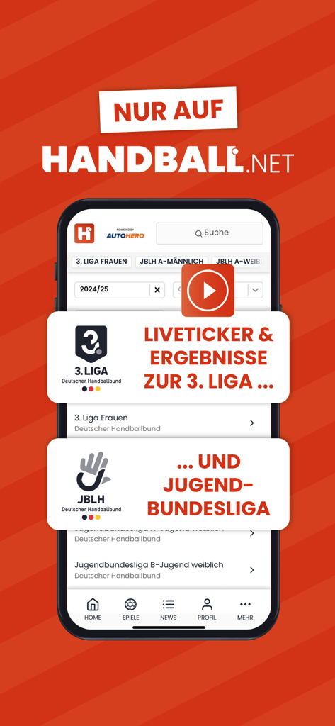 Handball.net Mobile App-Anzeige mit Ergebnissen und Live-Tickern der 3. Liga und der Jugendnationalliga