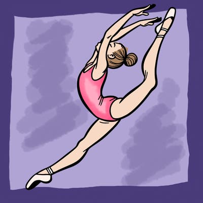 gymnast doing a leap in a leotard with a bent back leg