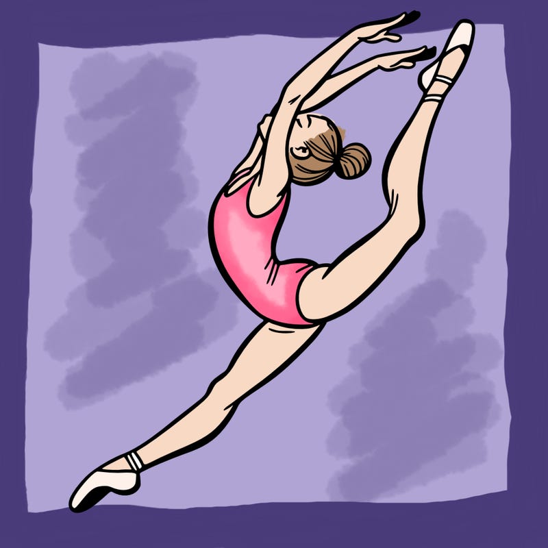gymnast doing a leap in a leotard with a bent back leg