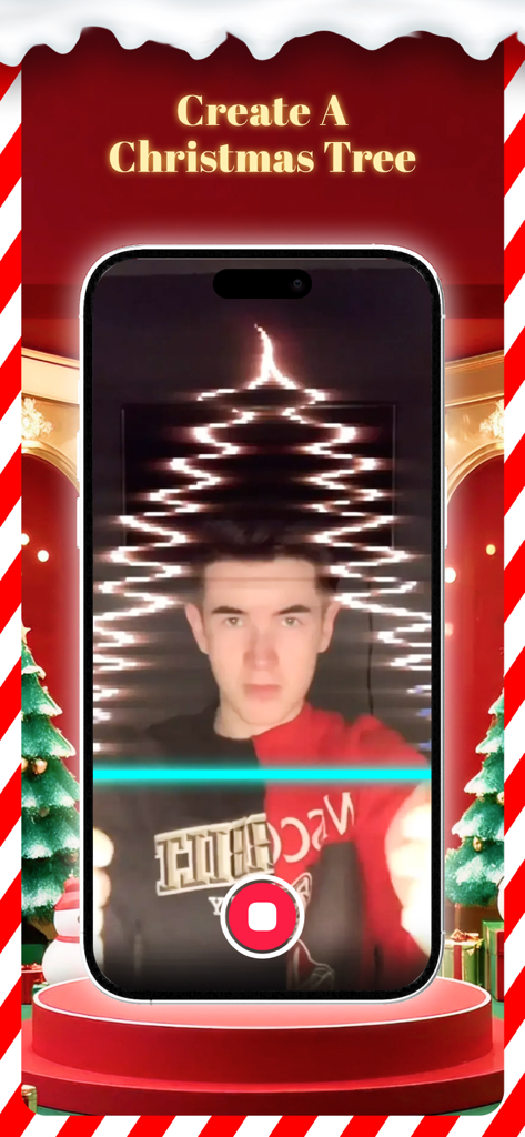 TimeWarp – Time Warp Scan - Un hombre joven usando el filtro Time Warp Scan para crear una forma de árbol de Navidad en la pantalla de su teléfono contra un fondo rojo festivo.