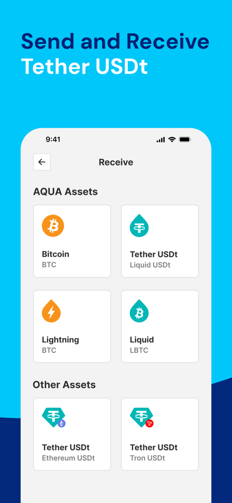 AQUA Wallet - Pantalla de recepción de AQUA Wallet mostrando opciones para Bitcoin y Tether USDt en múltiples redes