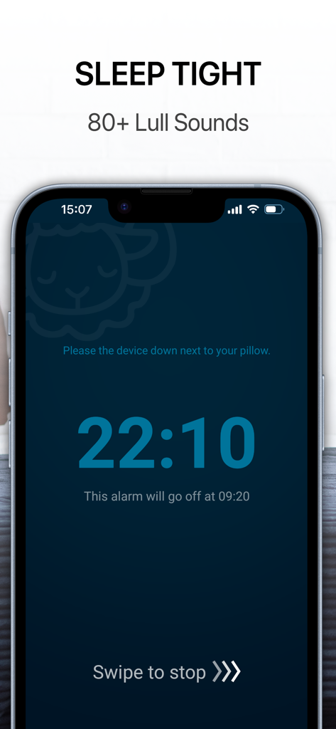 JUKUSUI-Sleep Cycle Alarm - Interfaz de la aplicación de alarma de ciclo de sueño JUKUSUI que muestra una alarma configurada y la función de sonidos relajantes