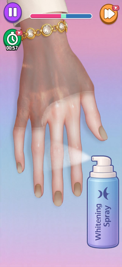 Makeup Skin Care: ASMR Salon - Uma simulação digital de aplicação de spray clareador em uma mão em um jogo ASMR de cuidados com a pele.
