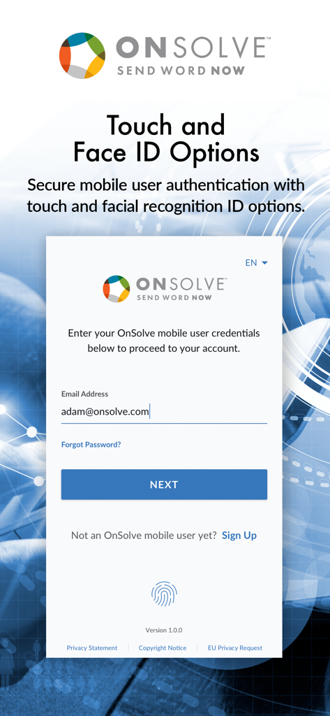 Login screen of the OnSolve Send Word Now Mobile app showing biometric authentication options