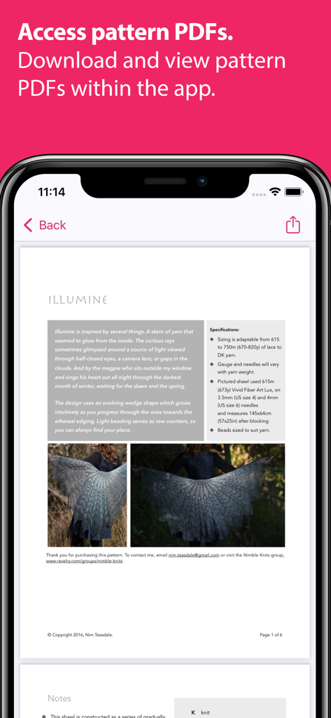 A mobile screen showing a downloadable PDF knitting pattern for a shawl within the Ravit app