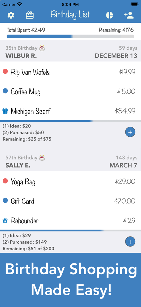 Birthday Countdown & Gift List - 곧 있을 생일을 위한 선물 아이디어와 가격, 예산 추적 진행률 표시줄을 보여주는 생일 목록 앱 인터페이스
