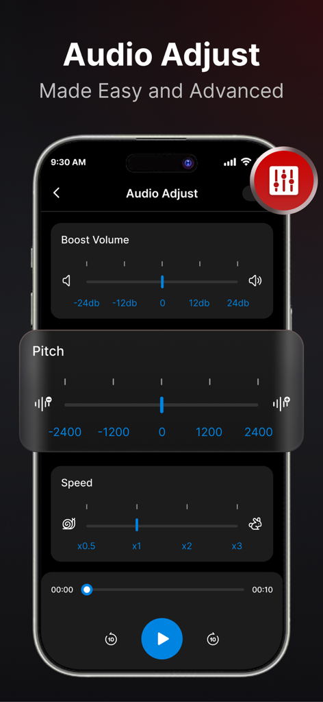 Voice Recorder : Voice Memos - Interfaz para ajustar el volumen, tono y velocidad del audio en la aplicación Grabadora de Voz.