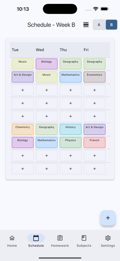 Chool - School Timetable - A clean and color-coded weekly school schedule for Week B in the Chool app