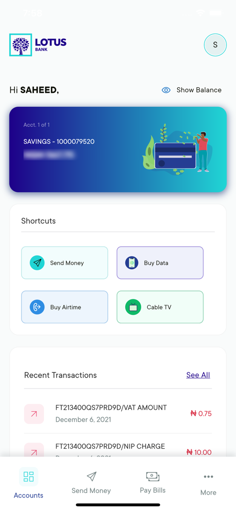 Lotus Bank App - Lotus Bank app home screen displaying savings account balance and transaction shortcuts