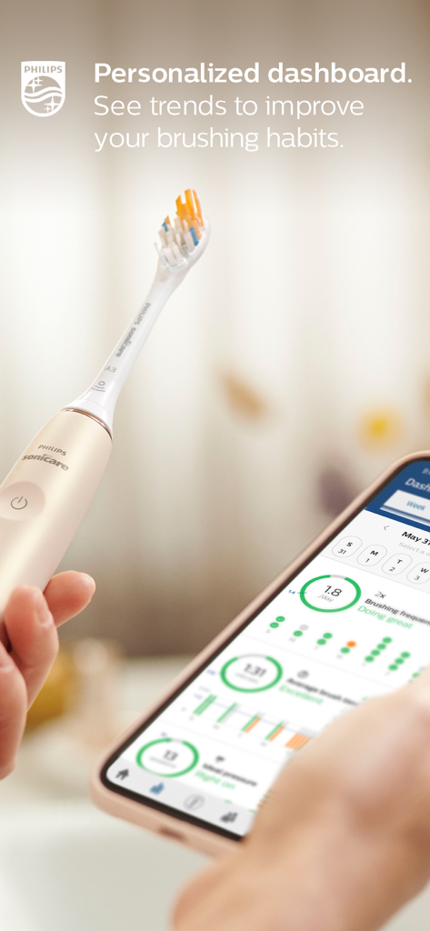 A person holding a Philips Sonicare electric toothbrush next to a smartphone displaying the personalized brushing dashboard trends