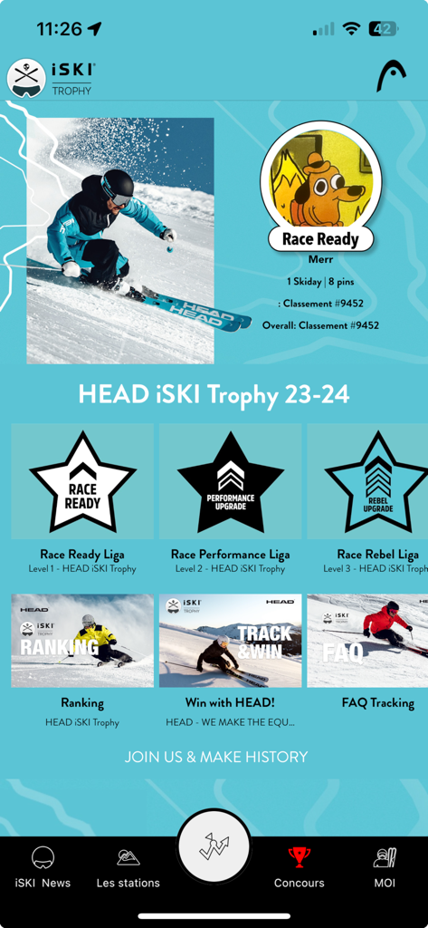 iSKI Slovakia app trophy screen with user rankings and ski achievement badges
