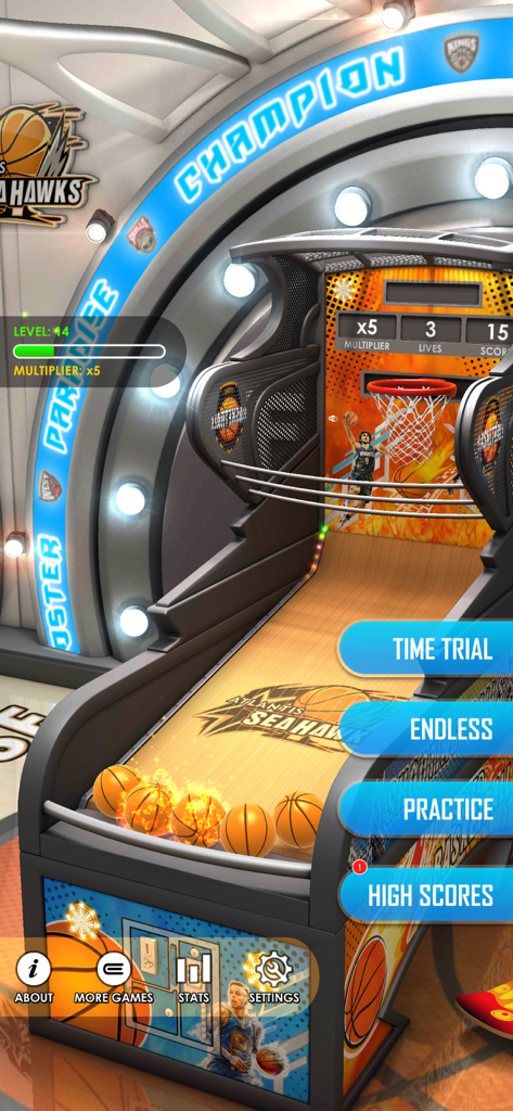 Basketball Flick 3D - The main menu of the Basketball Flick 3D arcade game featuring game modes and 3D graphics.
