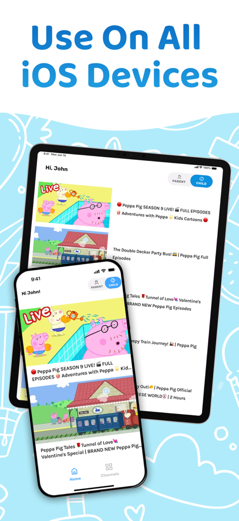 Kids Videos Mode for Youtube - Kids Videos Mode for Youtube app interface displayed on both an iPhone and an iPad