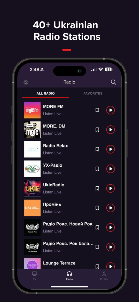 Interface of the Ukrainian TV by Mediacast app displaying a list of live Ukrainian radio stations