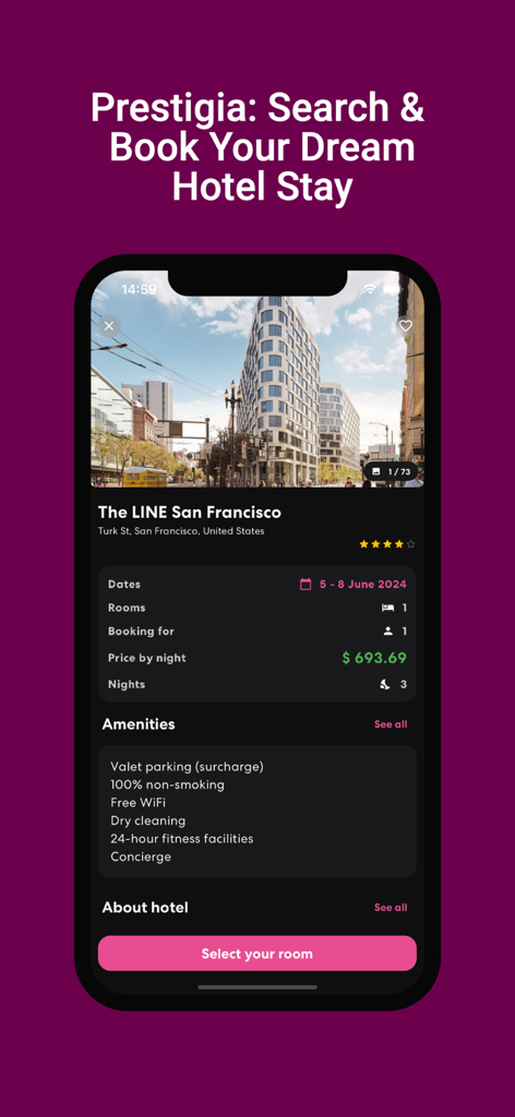 Interfaz de la aplicación Prestigia que muestra los detalles de la reserva de un hotel de lujo en San Francisco
