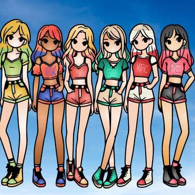 a group of girls wearing crop tops and shorts