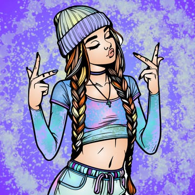 realistic teenage girl with braids and a beanie and crop top doing 🫶🏼