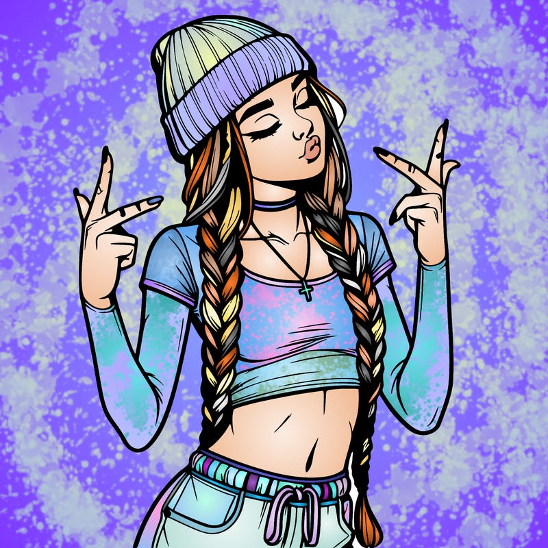 realistic teenage girl with braids and a beanie and crop top doing 🫶🏼