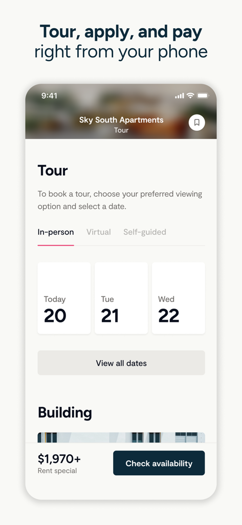 Zumper mobile app screen showing options to book in-person, virtual, or self-guided tours with a calendar selection.