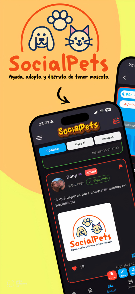 Smartphone zeigt den SocialPets App-Feed mit Beiträgen für eine Community von Tierliebhabern