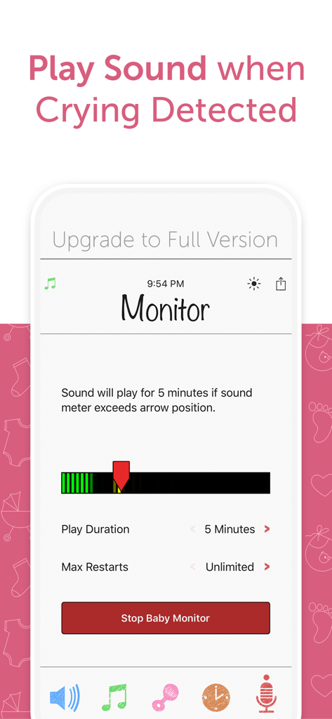 White Noise Baby Lite - Interface de l'application White Noise Baby Lite montrant la fonction moniteur bébé avec les réglages de détection des pleurs
