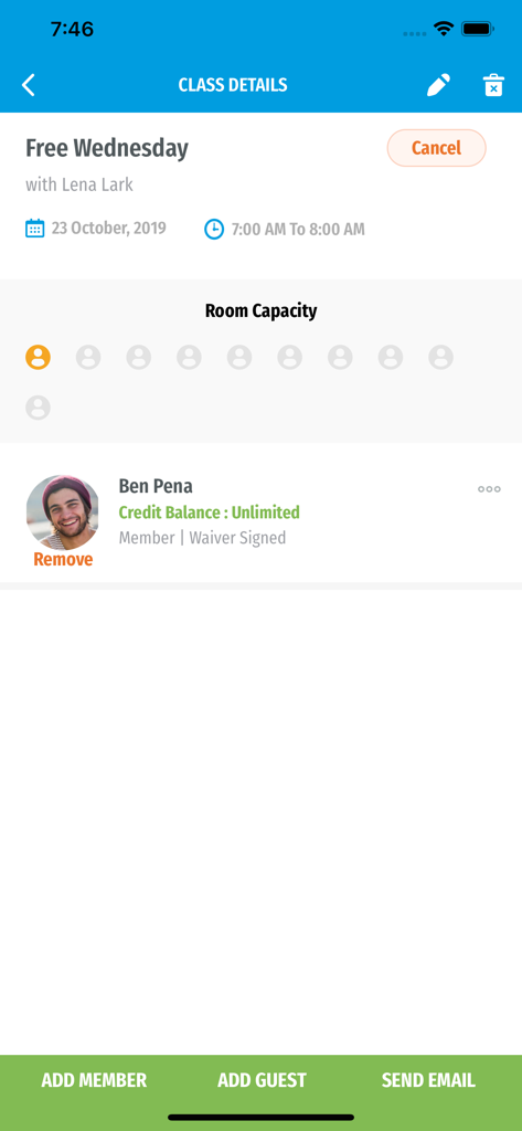 StudioBookings - StudioBookings mobile app screen showing class details, room capacity, and member attendance list with management options